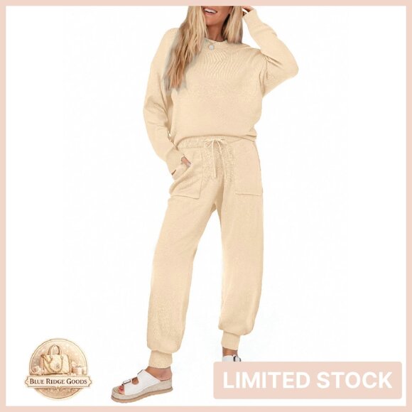 Cozy Knit Lounge Set Long Sleeve Jogger Pants Outfit With Pockets Minimal Chic